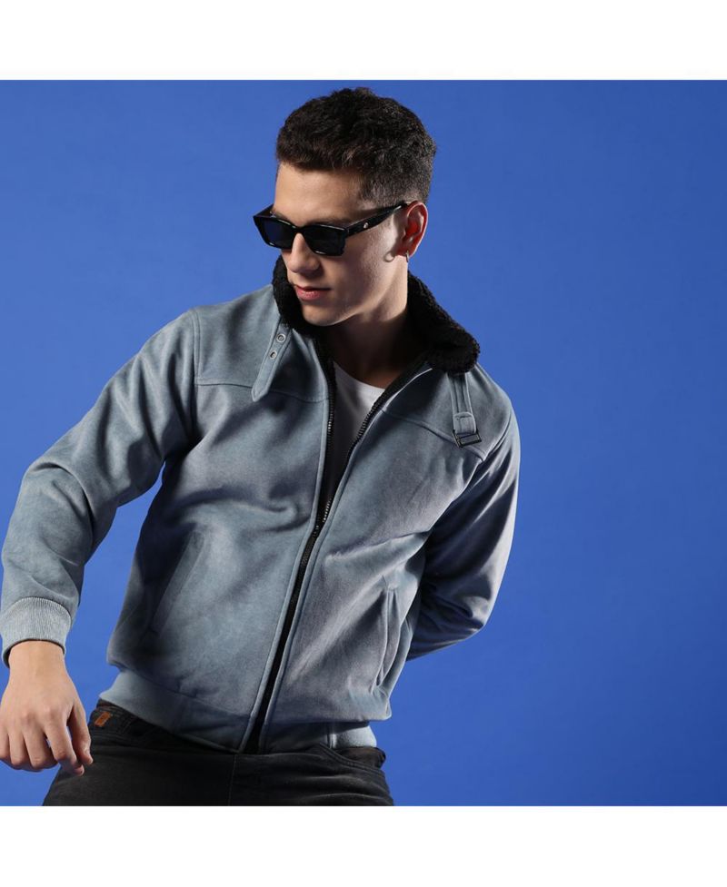 Men's Grey Zip-Front Jacket With Fleece Detail