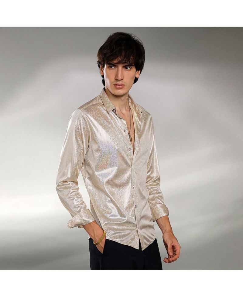Men's Metallic Beige Sheen Chevron Shirt