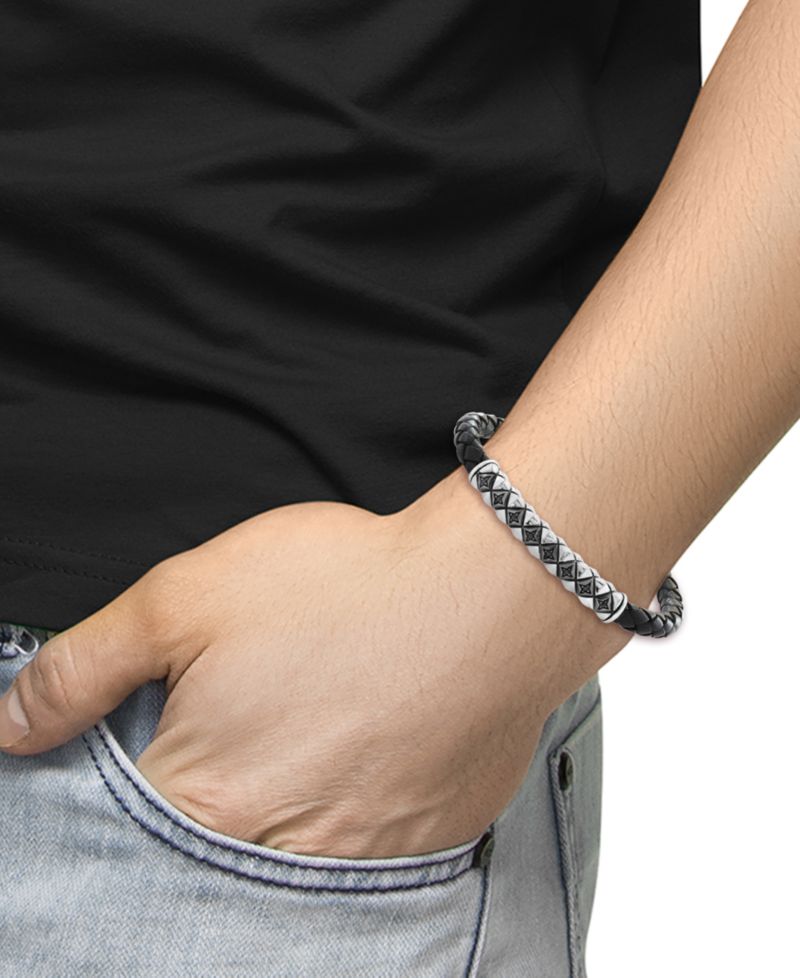EFFY® Men's Black Spinel Woven Black Leather Bracelet (1/6 ct. t.w.) in Sterling Silver