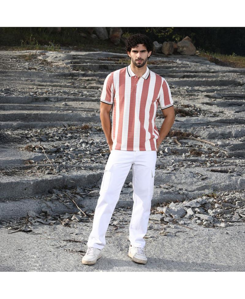 Men's Nude Pink and Cream White Awning-Striped Polo T-Shirt