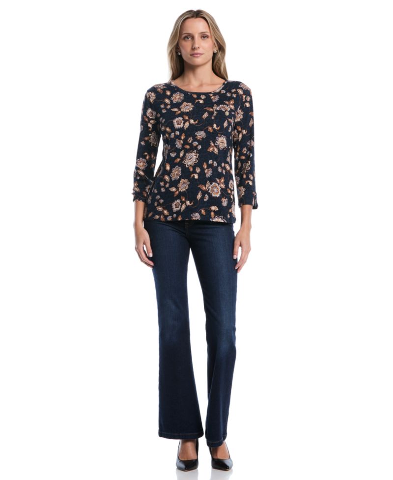 Women's Petite Floral 3/4-Sleeve Rib-Knit T-Shirt