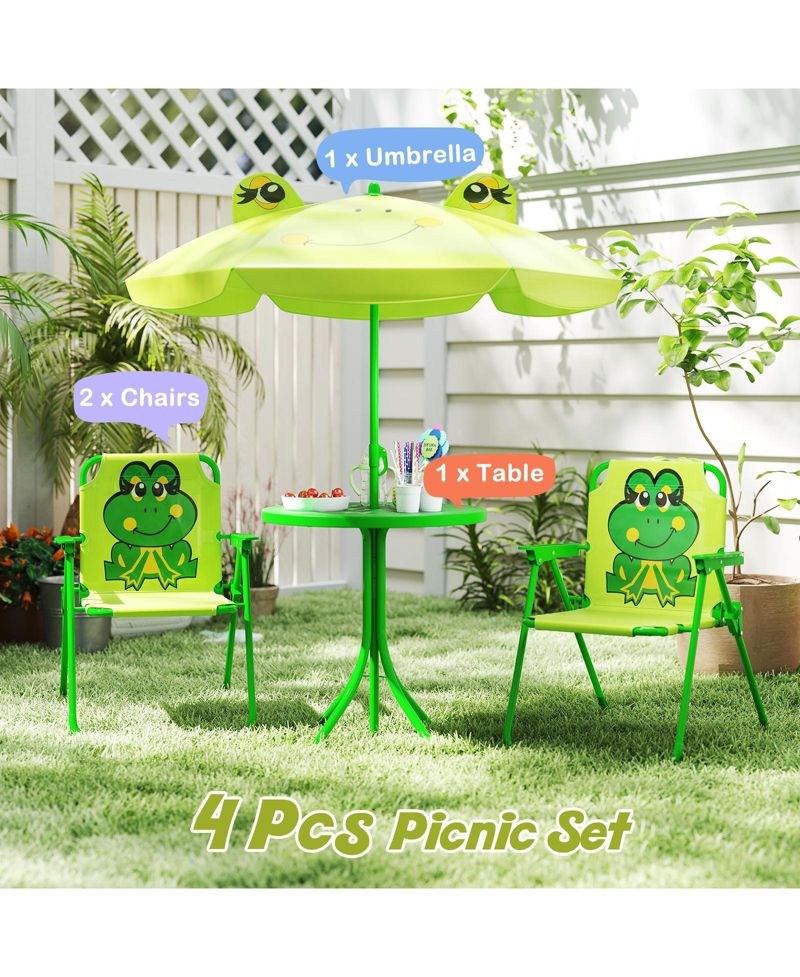 Kids Picnic Table and Chair Set w/ 2 Folding Chairs and Height Adjustable Umbrella