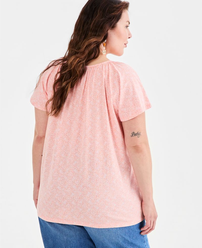 Plus Size Printed Scoop-Neck Flutter-Sleeve Top