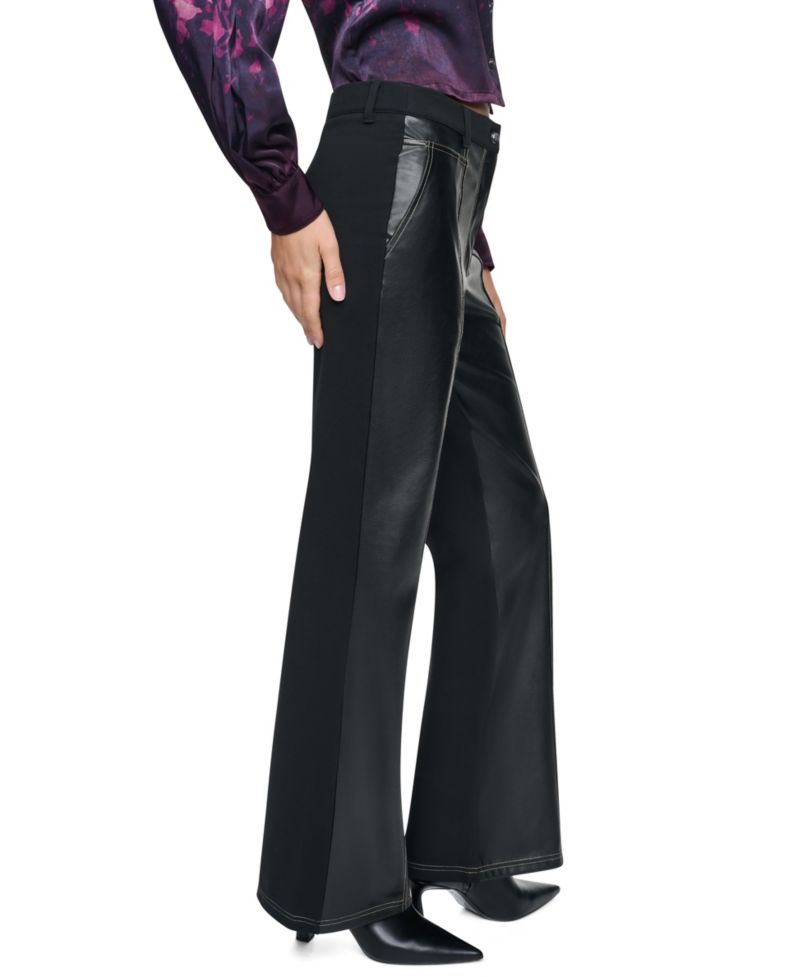 Women's Wide-Leg Faux-Leather Mixed-Fabric Pants