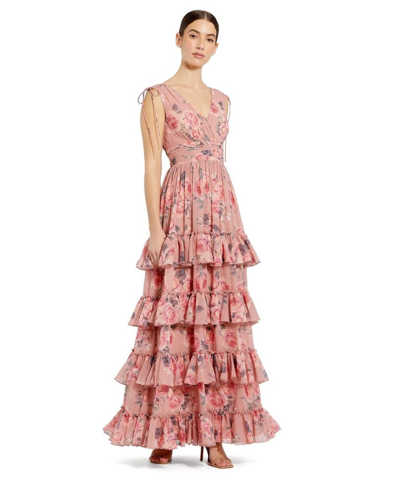 Women's Drawstring Shoulder Floral Chiffon Tiered Gown