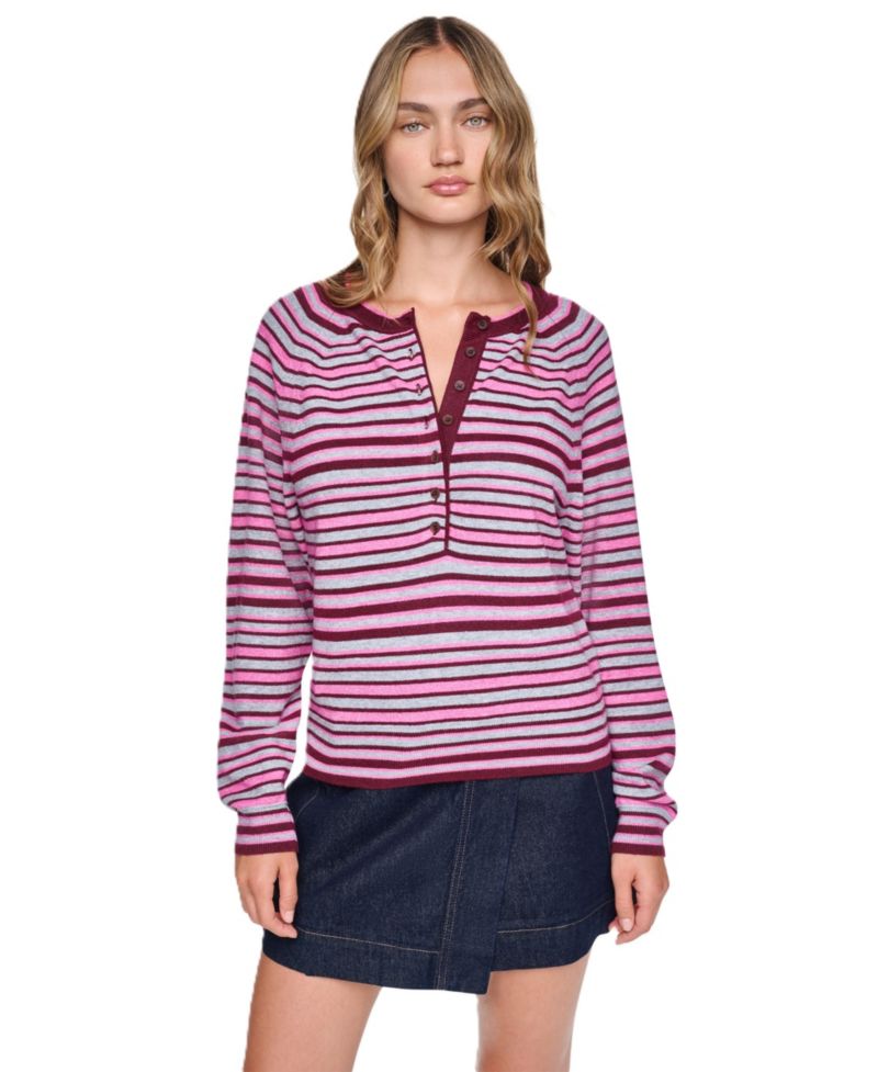 Women's Striped Raglan Crew Neck Long-Sleeve Henley Sweater