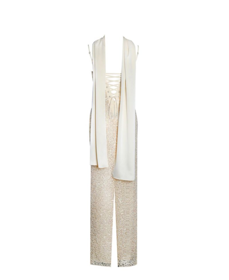Women's Raizel Gold Beaded Sequin Bodycon Gown with Scarf