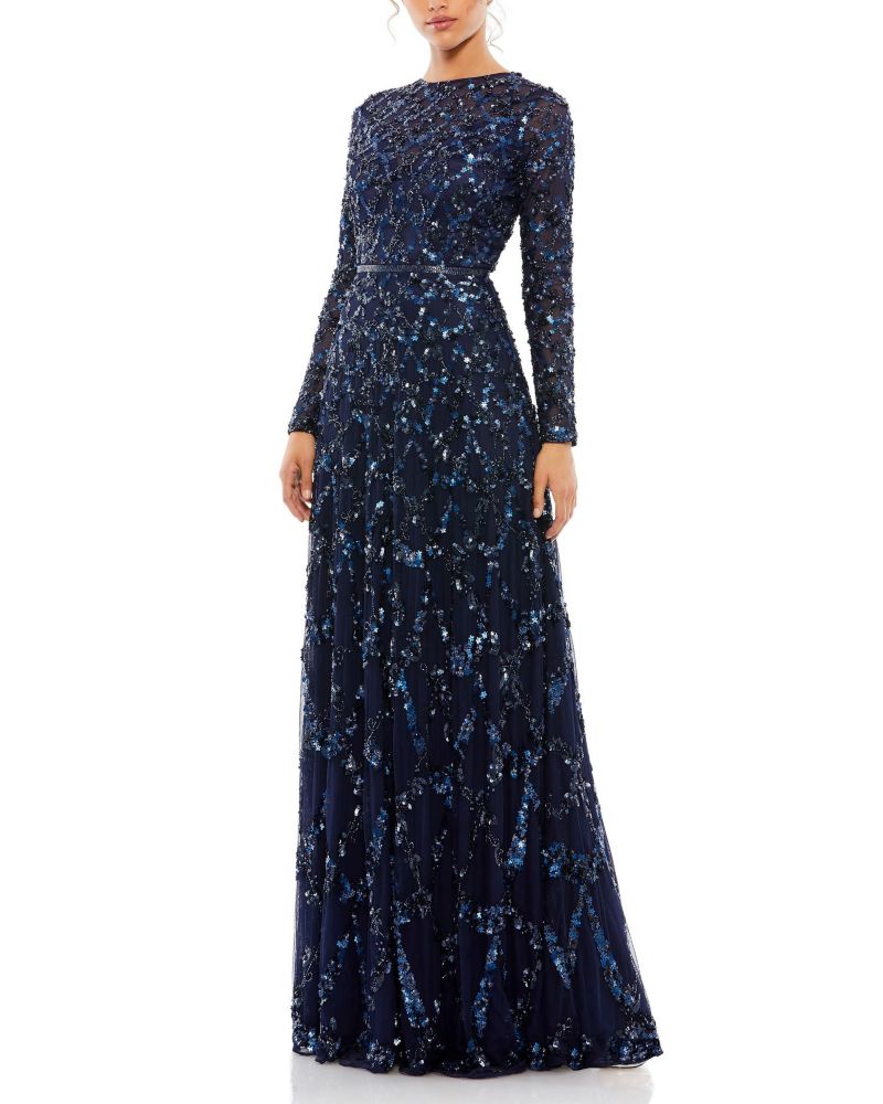 Women's Embellished Illusion High Neck Long Sleeve A Line