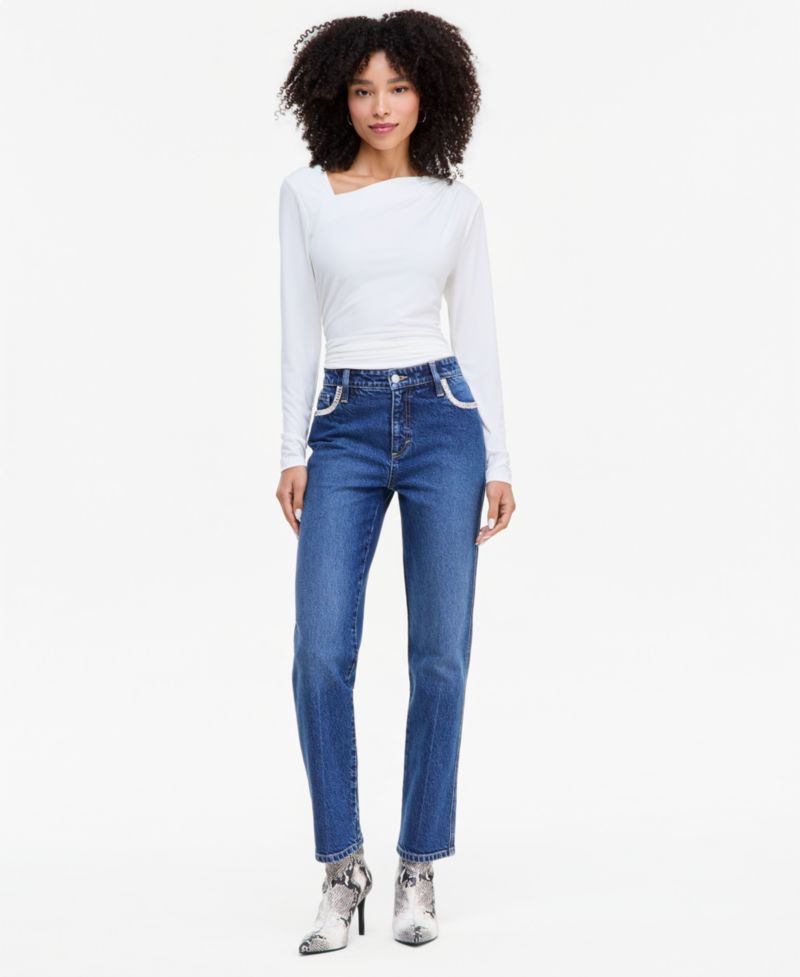 Women's Mid-Rise Slim-Straight Leg Embellished-Pocket Jeans