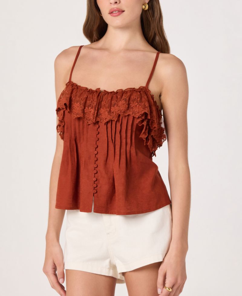 Women's Ruffled Lace Trim Straight Neck Tank Top