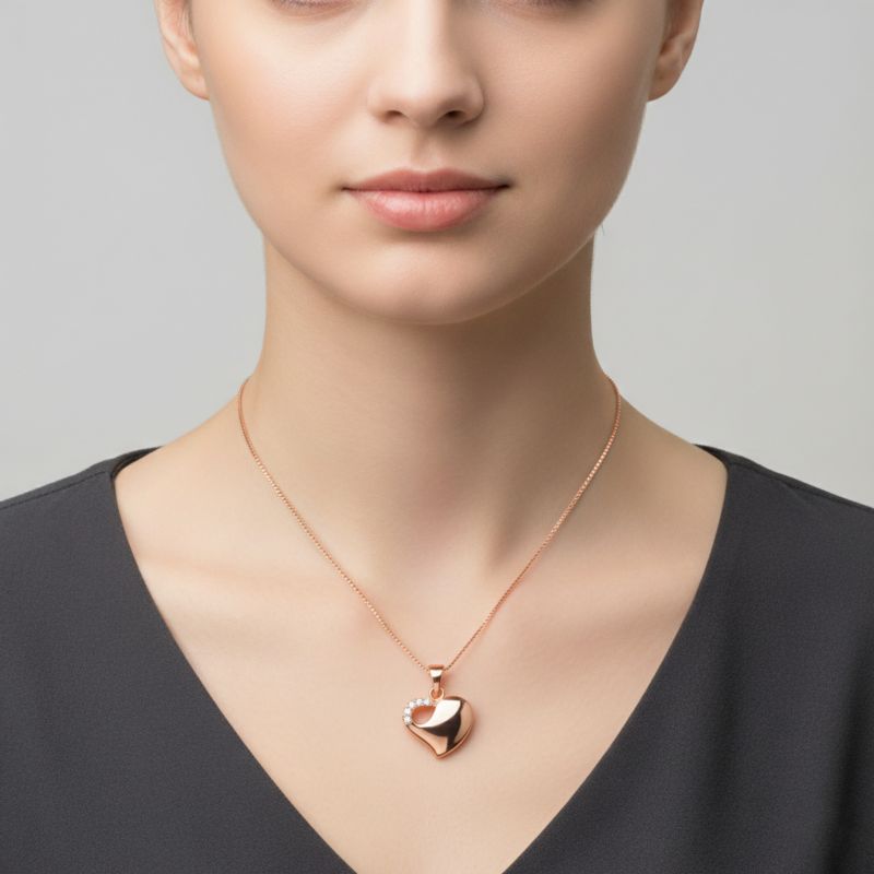 Sterling Silver 18K Rose Gold Plated Sculpted Heart CZ Necklace