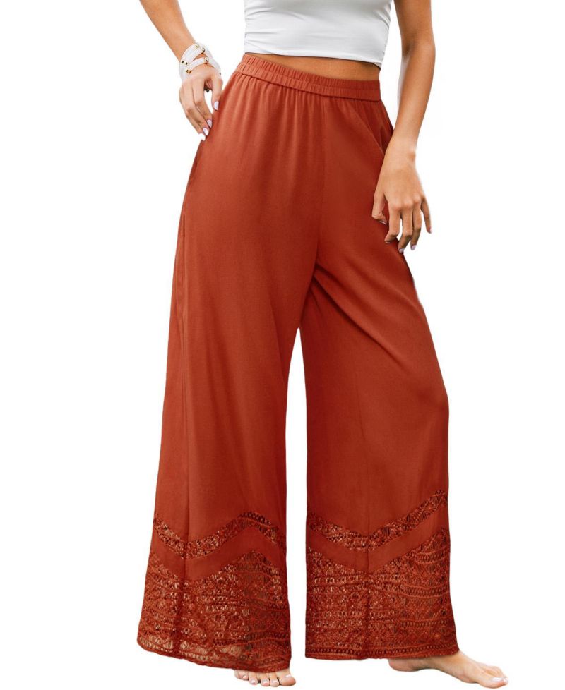 Women's Rust Elastic Waist Lace Trim Wide Leg Pants