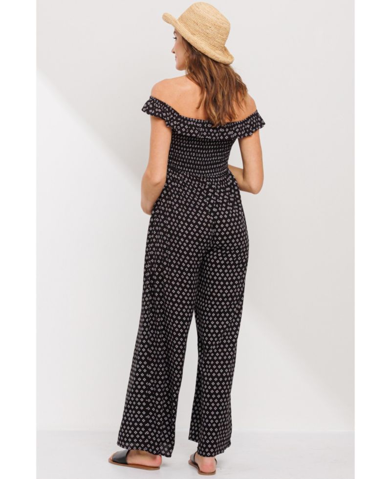 Maternity Smocked Wide Leg Off the Shoulder Jumpsuit with Pockets