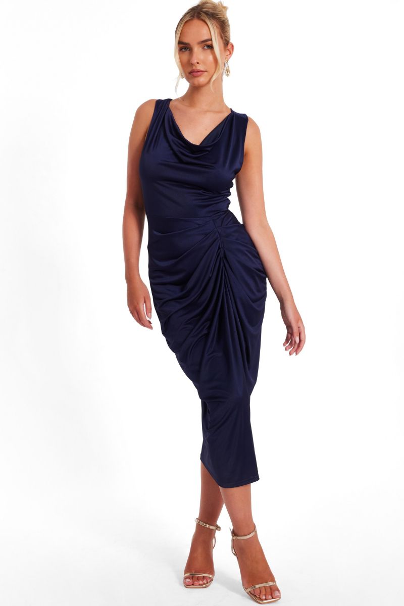 Women's Cowl Neck Ruched Hardware Midi Dress