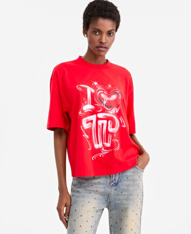 Adult Unisex Oversized Graffiti Screen-Print Short-Sleeve T-Shirt