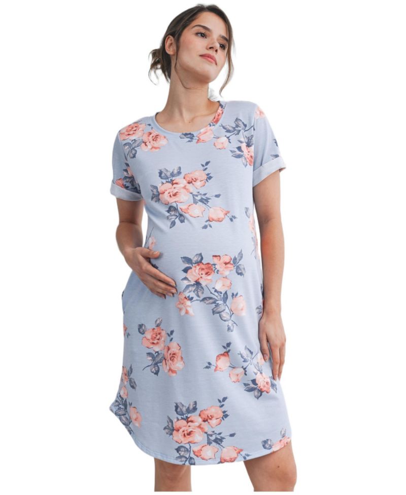 Women's Floral Short Sleeve T-Shirt Dress with Pockets