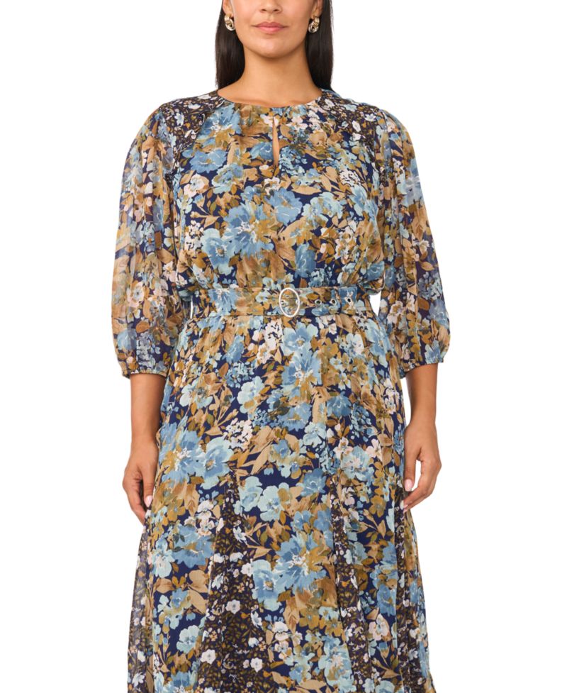 Plus Size Keyhole 3/4-Sleeve Floral-Print Chiffon Maxi Dress