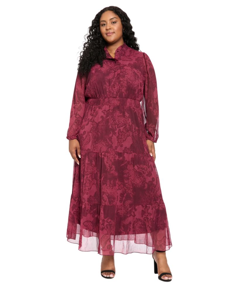 Petite Floral-Print Sheer Long-Sleeve Tiered Long Dress