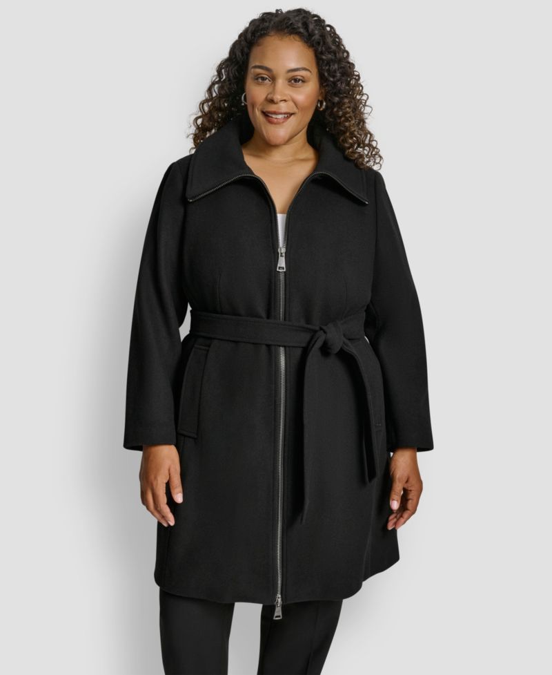 Plus Size Belted Zip-Up Wool Coat