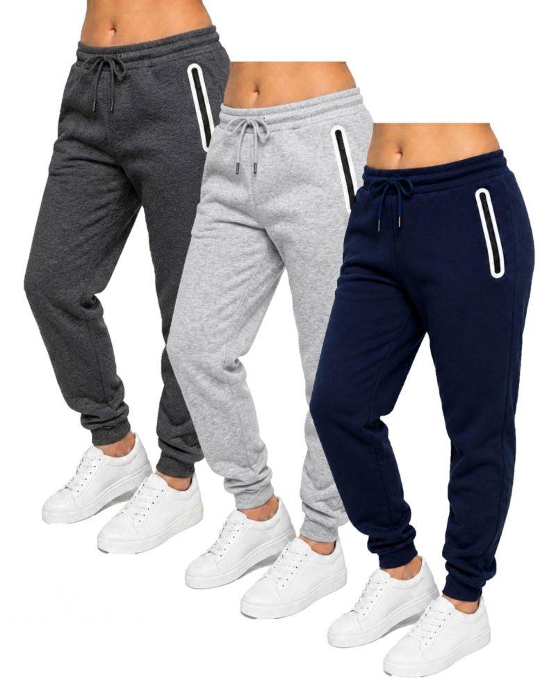 Women's Loose-Fit Fleece-Lined Jogger With Heat Seal Zipper Side Pockets-3 Pack