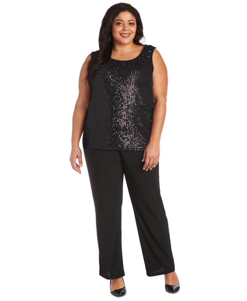 Plus Size Sequined Sleeveless Top, Open-Front Jacket & Pants Set