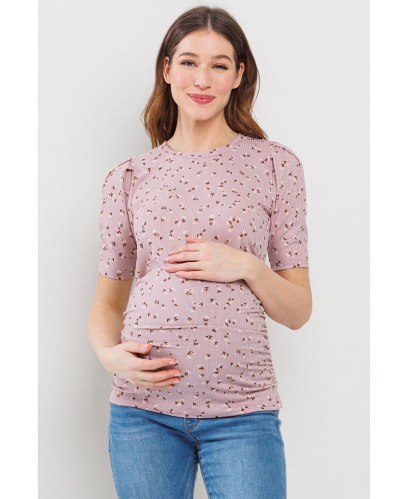 Maternity Floral Ribbed Ruched Puff-Sleeve Fitted Top