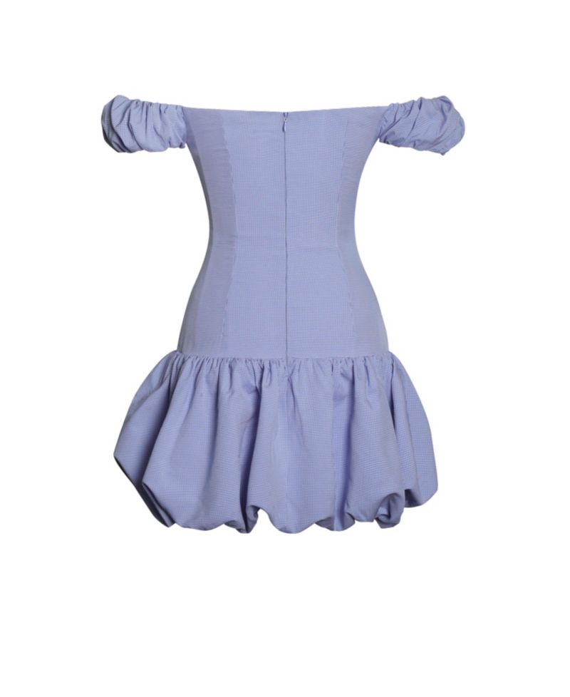Women Sablee Checkered Puffy Off Shoulder Trim Bubble Hem Mini Dress