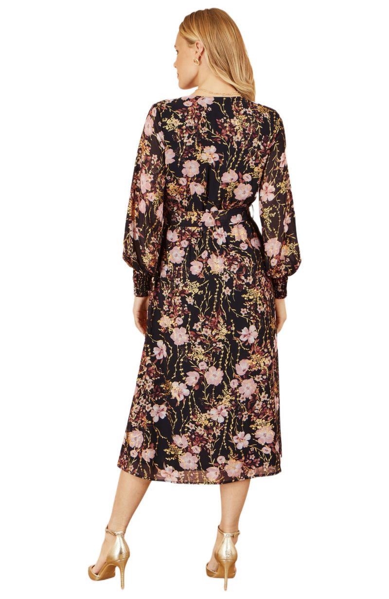 Women's Foiled Floral Print Wrap Midi Dress