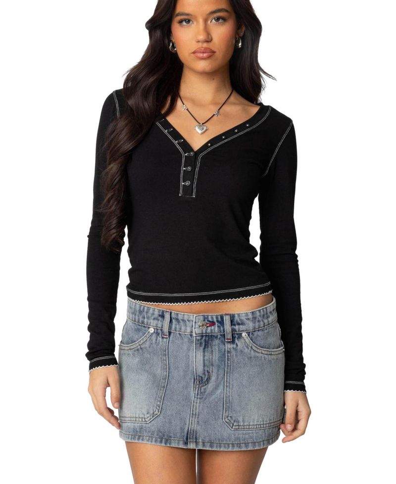 Women's Yael Contrast Stitch Henley Top