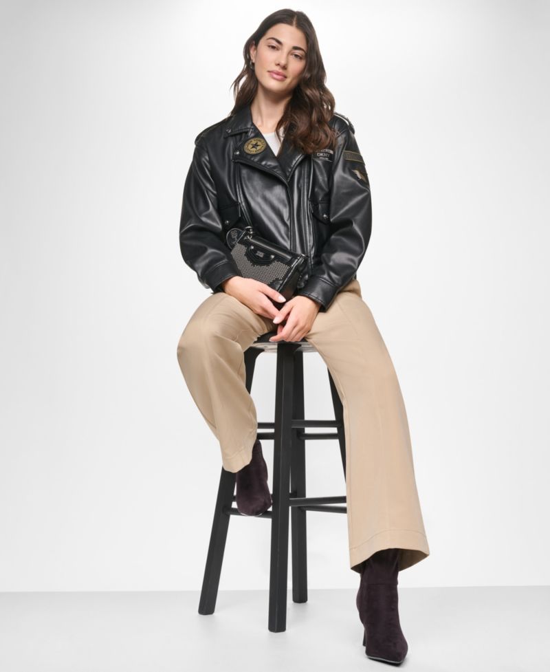 Women's Faux Leather Collared Zip-Front Jacket