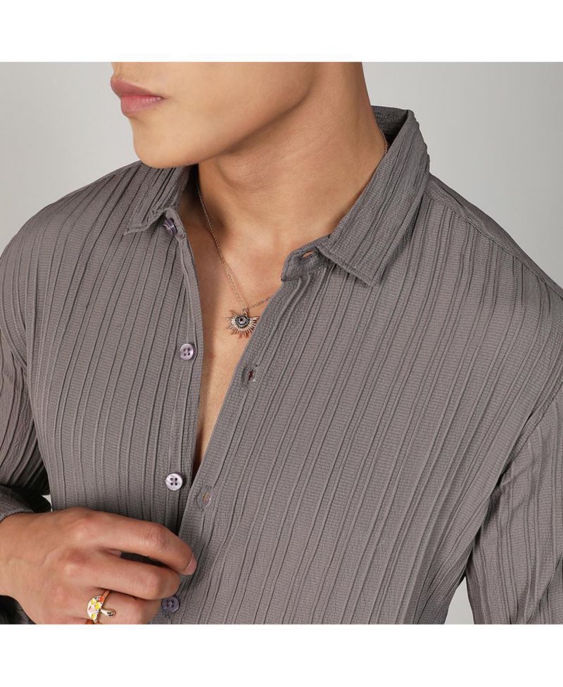 Men's Ash Grey Self-Design Striped Shirt