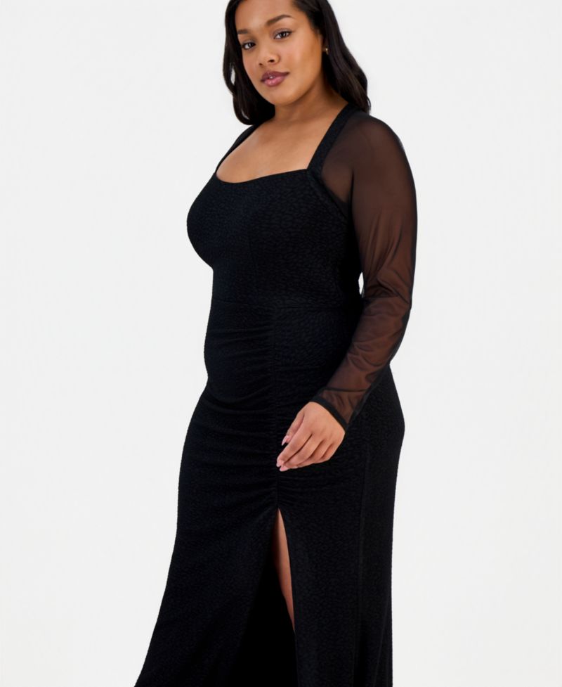 Trendy Plus Size Mesh-Sleeve High-Slit Gown