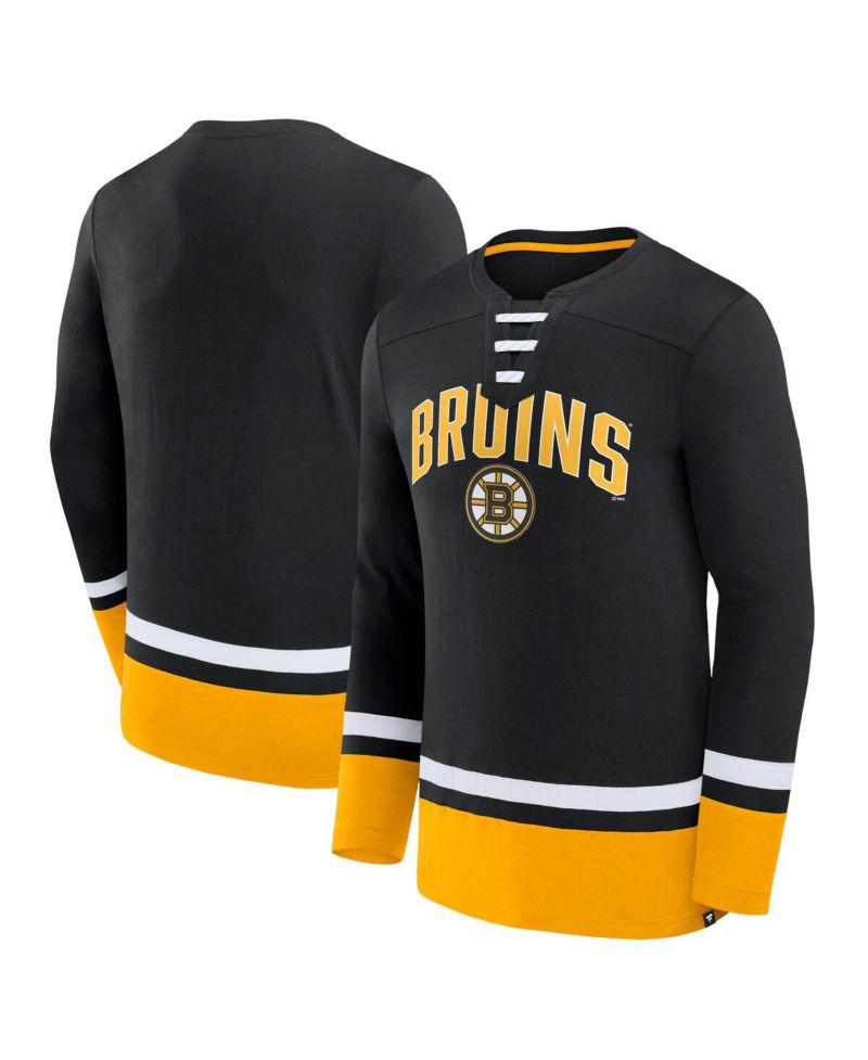 Men's Black Boston Bruins Back Pass Lace-Up Long Sleeve T-shirt