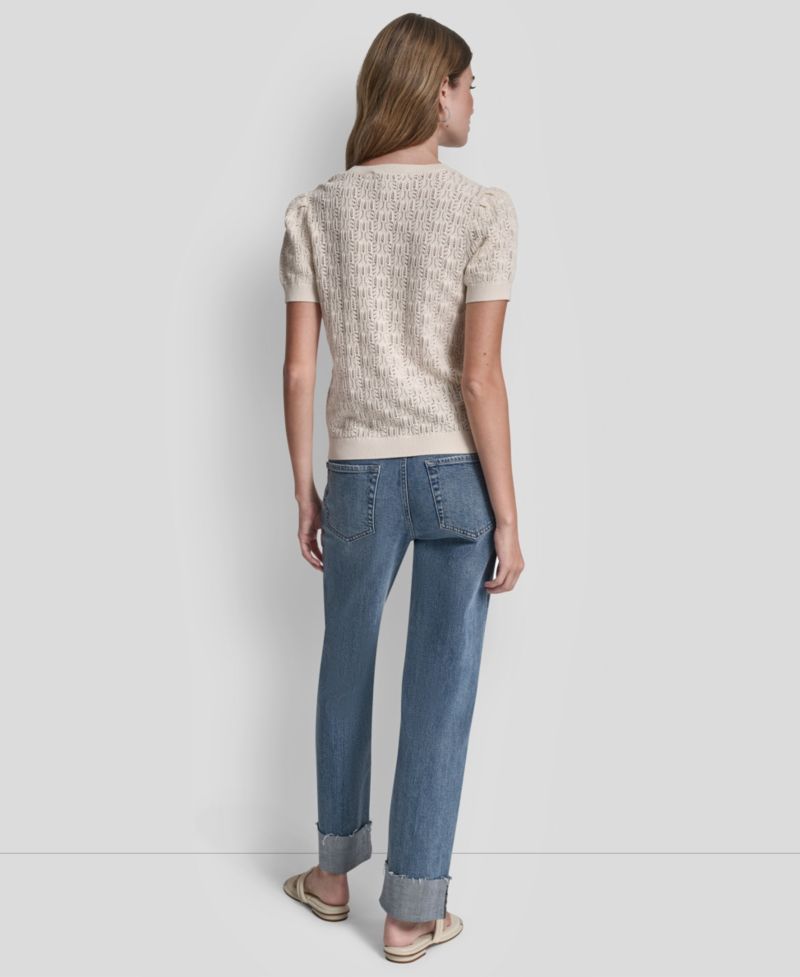 Women's Short Sleeve Crew Neck Lace Pointelle Sweater
