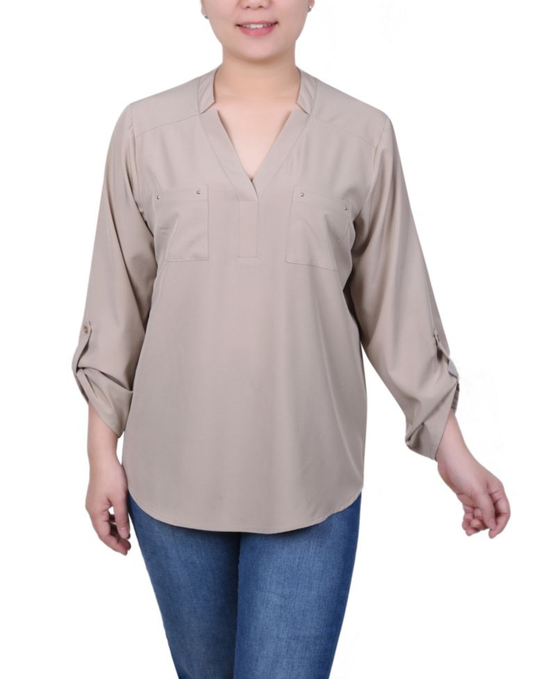 Petite Roll Tab Sleeve Blouse with Pockets