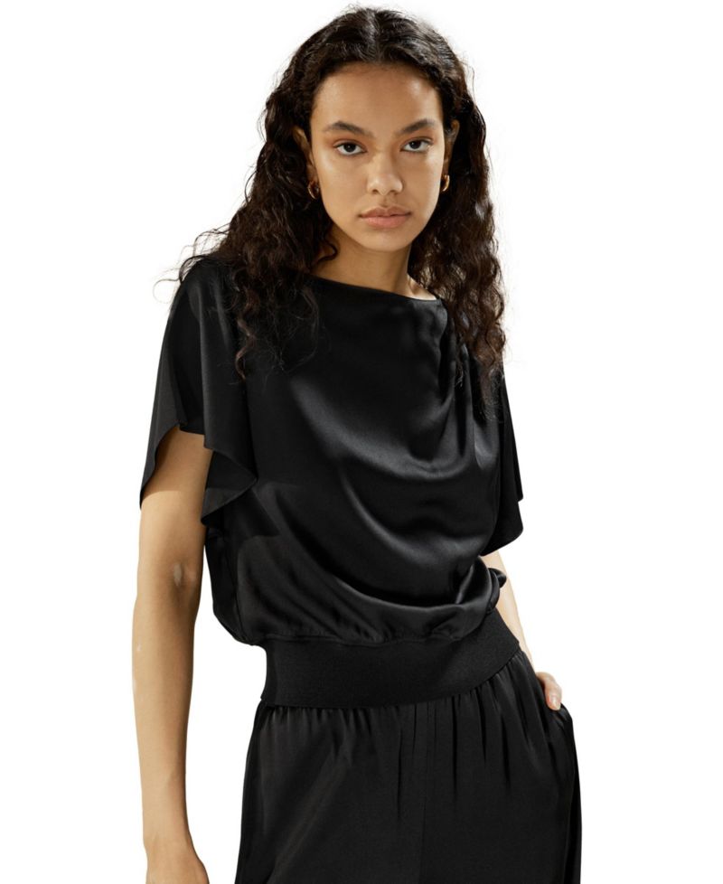 Women's Short Rippled Batwing Sleeves Silk Shirt