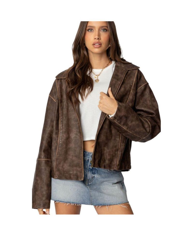 Women's Oversized Washed Faux Leather Jacket
