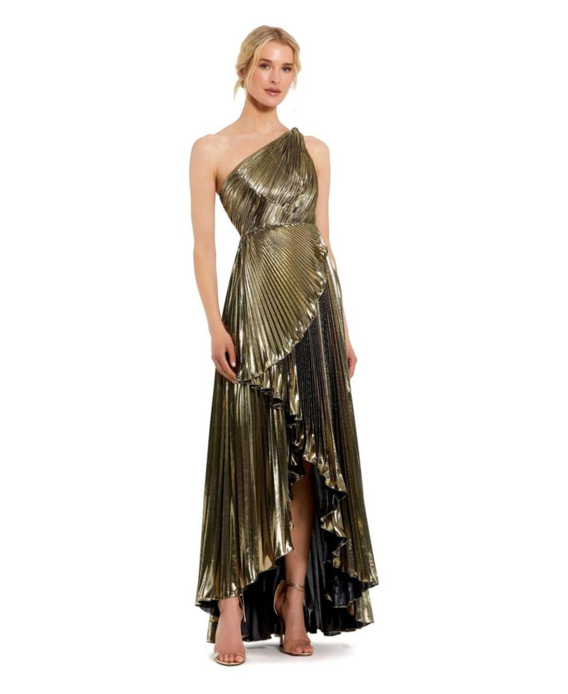 Women's Pleated Metallic One Shoulder High Low Gown