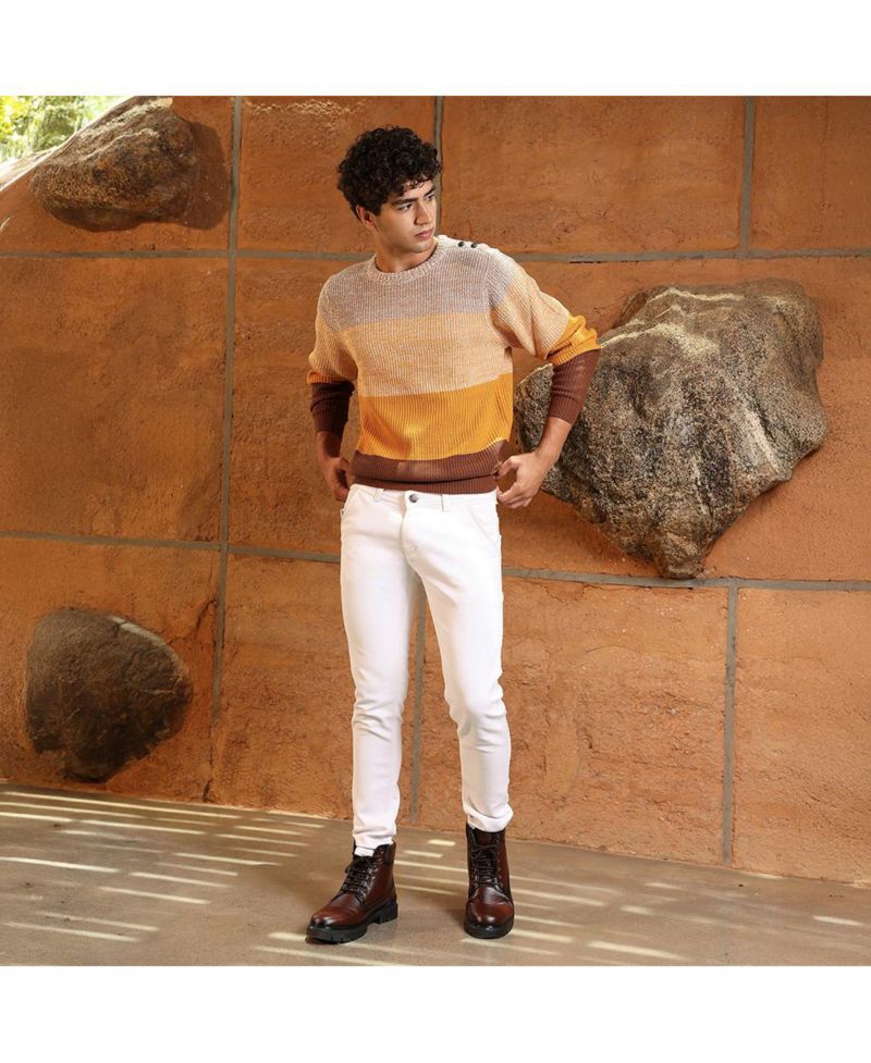 Men's Pumpkin Orange & Chocolate Brown Panel-Jacquard Knit Pullover Sweater