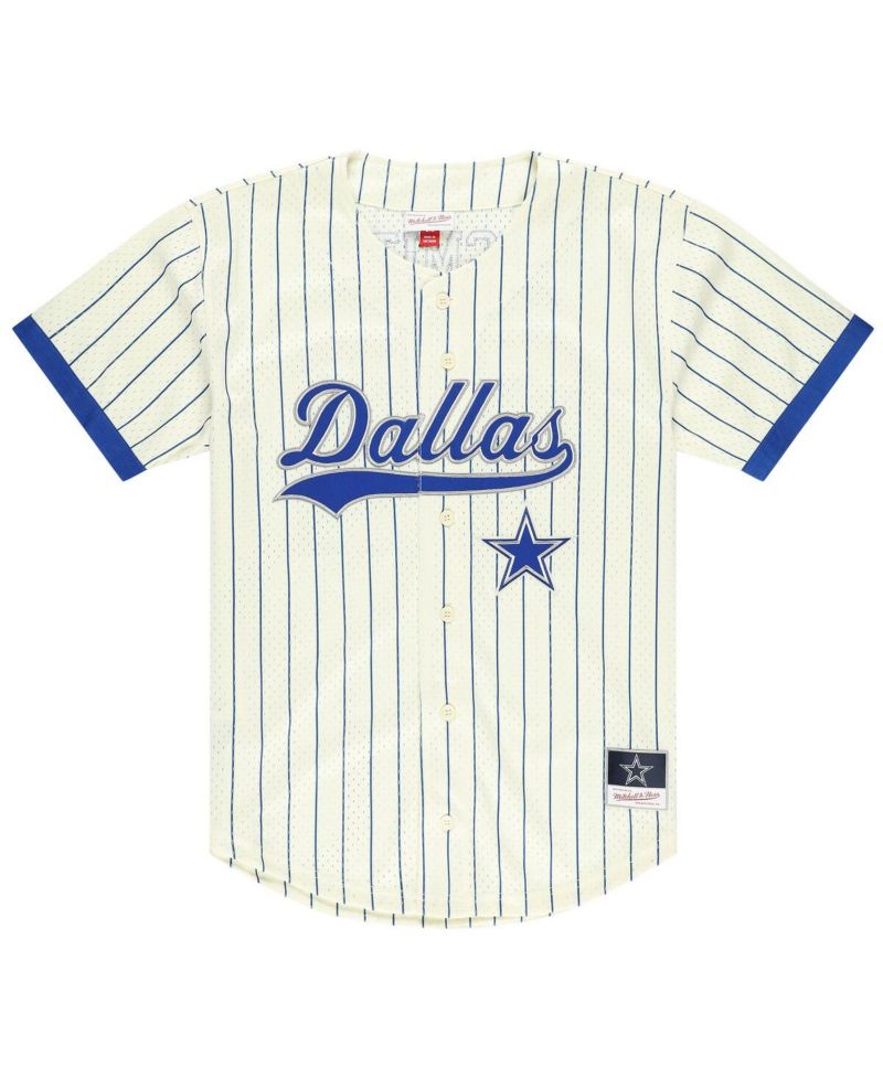 Men's Emmitt Smith Cream Dallas Cowboys Name & Number Mesh Button-Up Baseball Jersey