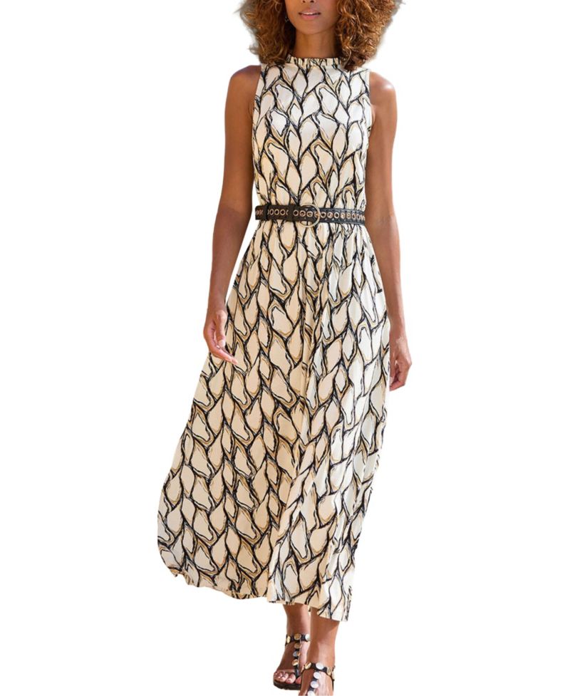Women's Viscose Printed High Neck Ruffle-Trim A-Line Maxi Dress
