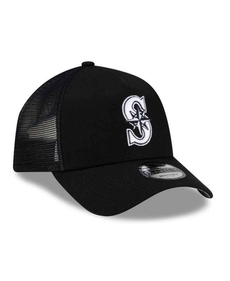 Men's Black Seattle Mariners Side Script 9FORTY A-Frame Trucker Adjustable Hat