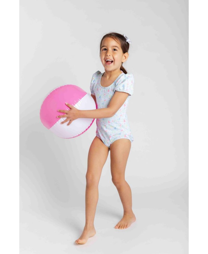 Little Girls Floral Print Swimsuit with Puff Sleeves