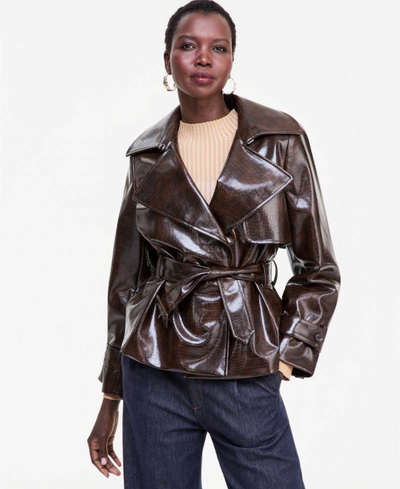 Women's Crocodile-Embossed Belted Faux Leather Jacket