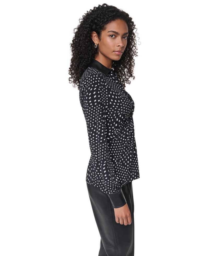 Women's Long-Sleeve Twist-Front Polka-Dots Blouse