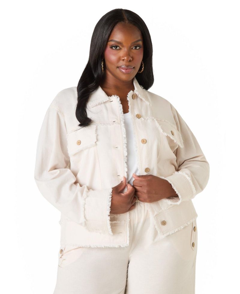 Women's Frayed Linen Blend Trucker Jacket