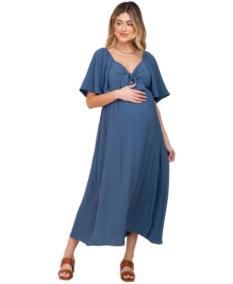 Women's Navy Blue Textured Dot Front Tie Ruffle Sleeve Midi Dress