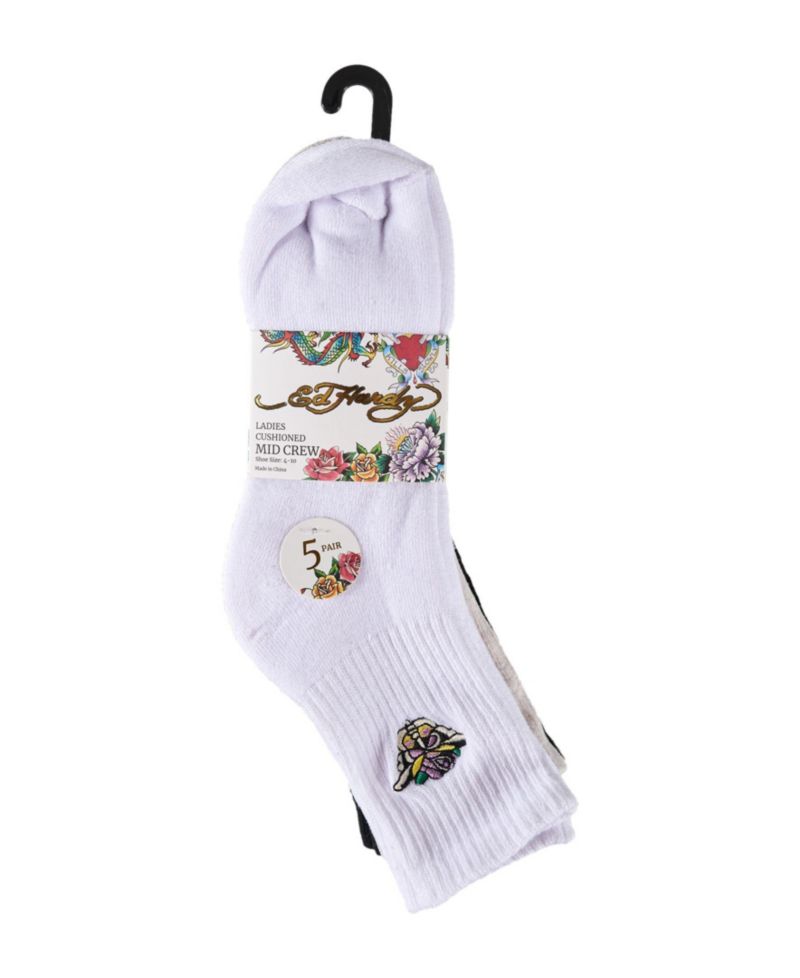 Women's Flower Embroidery Half Cushion Mid Crew Socks, 5-Pack