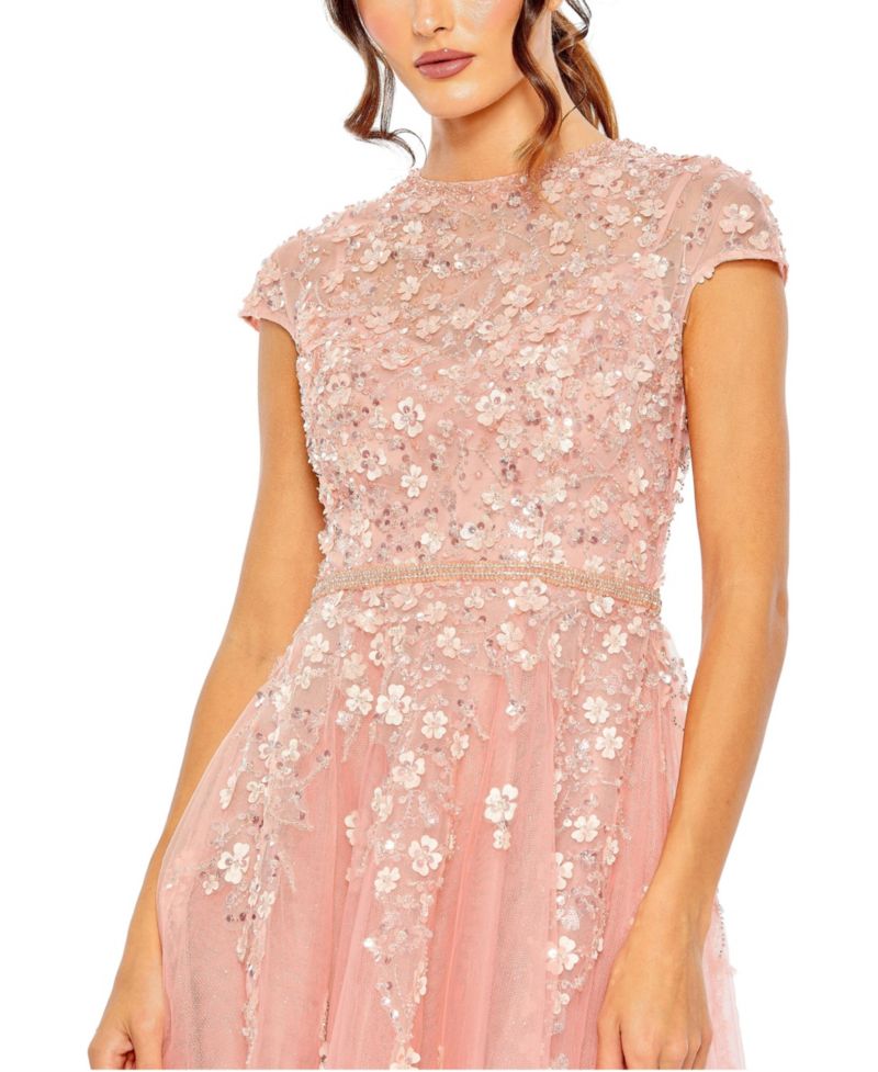 Women's High Neck Cap Sleeve Embellished A Line Gown