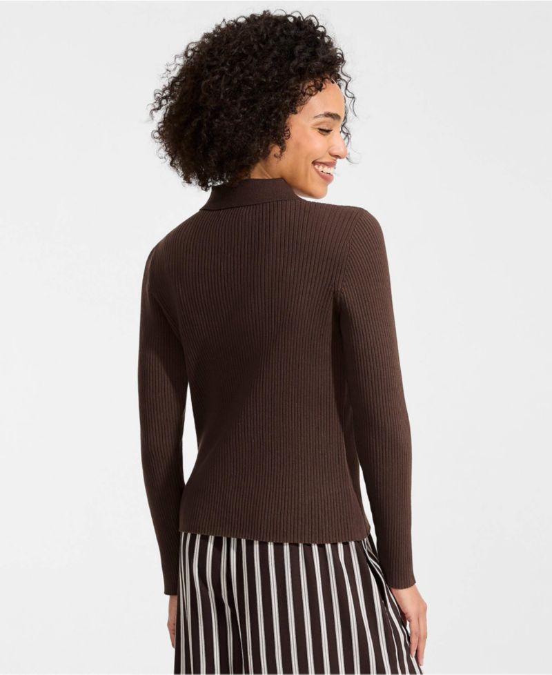 Women's Cotton Ribbed Long Sleeve Polo Sweater
